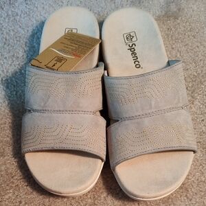 Spenco Women’s Double-Strap Suede Slide Sandals in Light Taupe